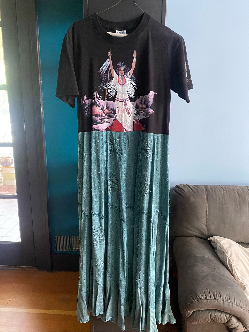 OOAK Upcycled Native American Black Graphic Tee Maxi Dress with Teal Skirt